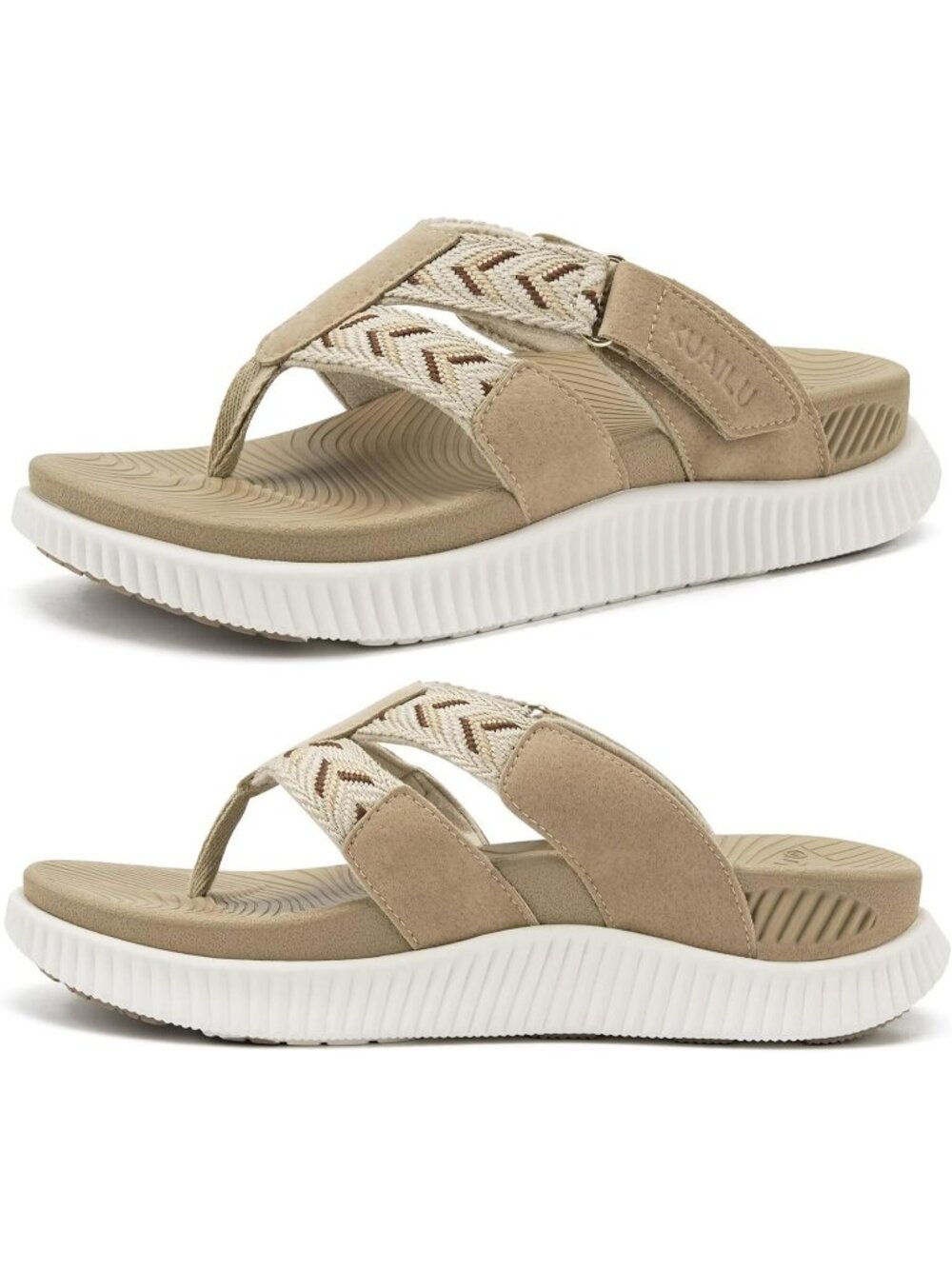 Women's Beige Rubber Summer Comfortable Arch Support Walking Thong Beach Sandals